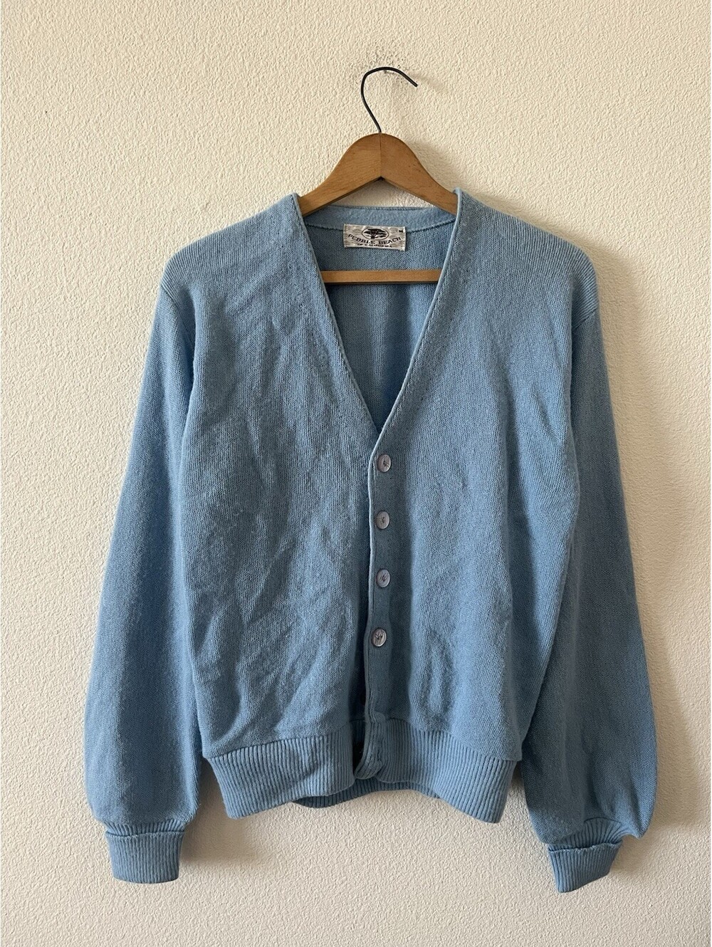 Vintage Pebble Beach Mens Medium Blue Knit V-Neck Cardigan